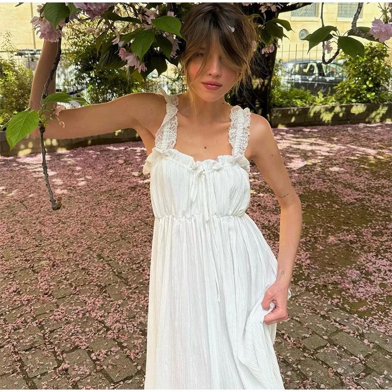 Women's Elegant White Tiered Cami Long Dress Lace Trim Ruffle Flowy Maxi Sundress Sleeveless A-Line High Waist Summer Dress