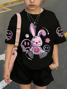 Kids Black "Purple Bunny" 2-Piece Set, Cute Clothing Set - 2026 Trending Sweet Cool Girl's Outfit, Soft Cotton Perfect for School & Play