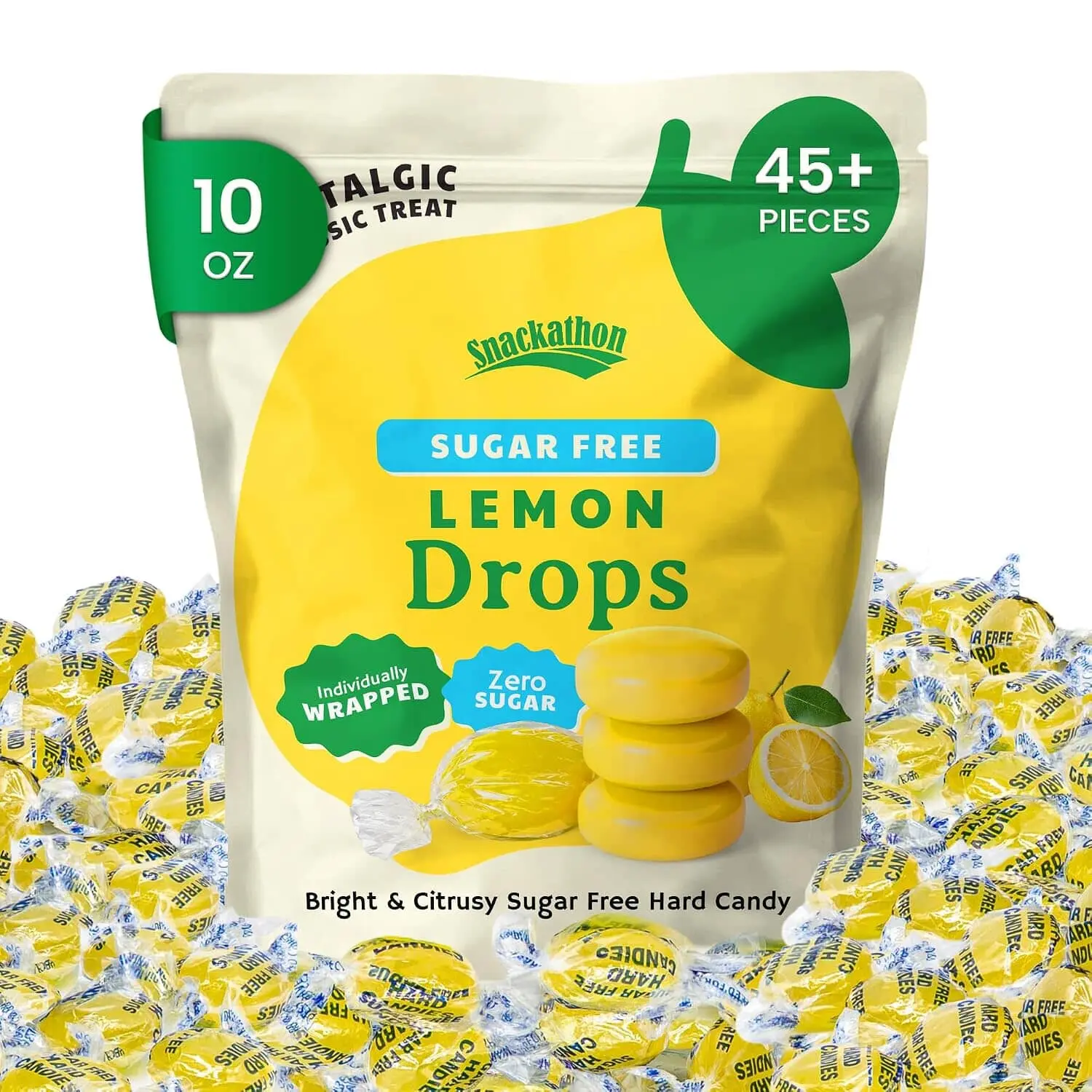 Snackathon Sugar-Free Lemon Drops Hard Candies, Individually Wrapped, Resealable Bag, Tangy Sweet Treats, Old-Fashioned Gluten-Free Sour Candies, Ideal for Sharing & Gifting