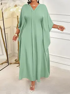 Plus Size Summer Casual Elegant Plain Women's Middle Eastern Loose Dress, Plus Size V Neck Shoulder Padded Inner Tie Wide Fit Dress, Ladies Fashion Summer Dress