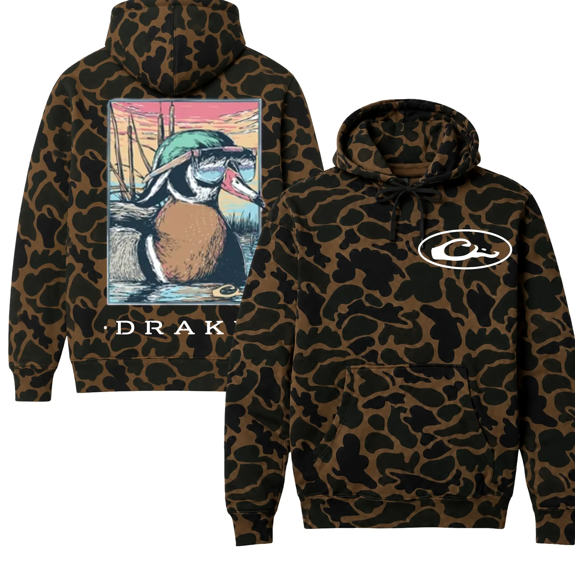 Men's Vintage Duck Camo Hunting Hoodie Woodland Camouflage Pullover Sweatshirt Outdoor Fleece Hooded Sweatshirt Graphic Hoodie Kangaroo Pocket