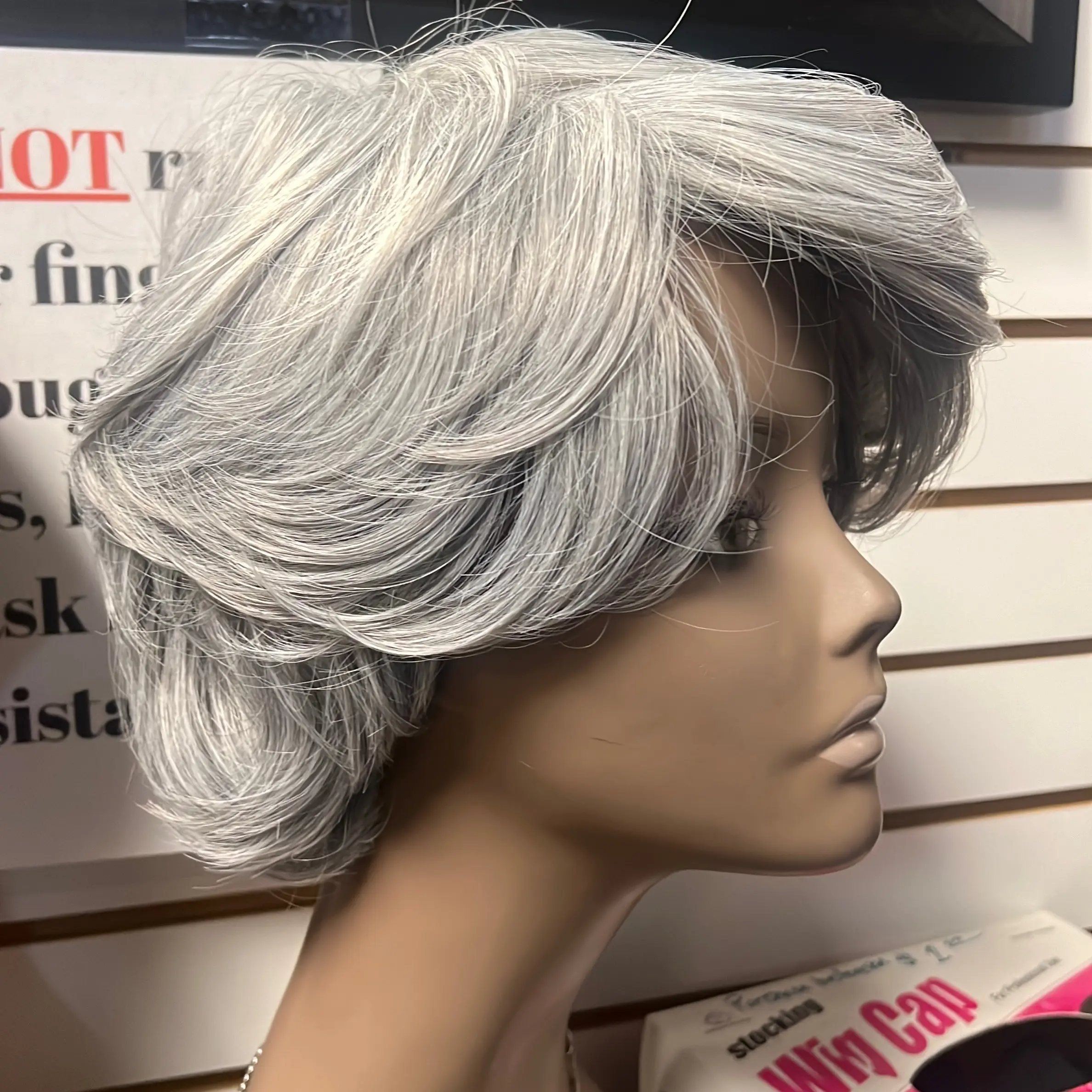 8 inch feathered grey/silver synthetic wig