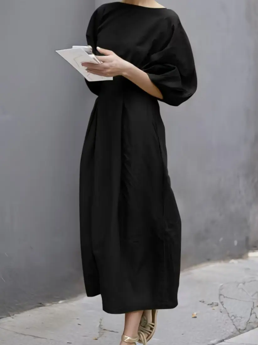 Women's Basic Linen Viscose Comfortable Solid Round Neck Half-Sleeve Loose Fit Pleated Maxi Dress - Black Minimalist Casual Summer Dress with Pockets for Daily Wear, Beach, Camping Essentials (Boat Neck Option Available) Elegant Everyday