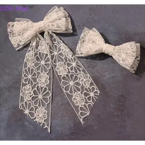 Ethereal Sweet Lace Hair Clip for Sports, Accessories for Women - Large Openwork Floral Design, Bow, Flowing Ribbons, Elegant Back-of-Head Sports Hair Accessory