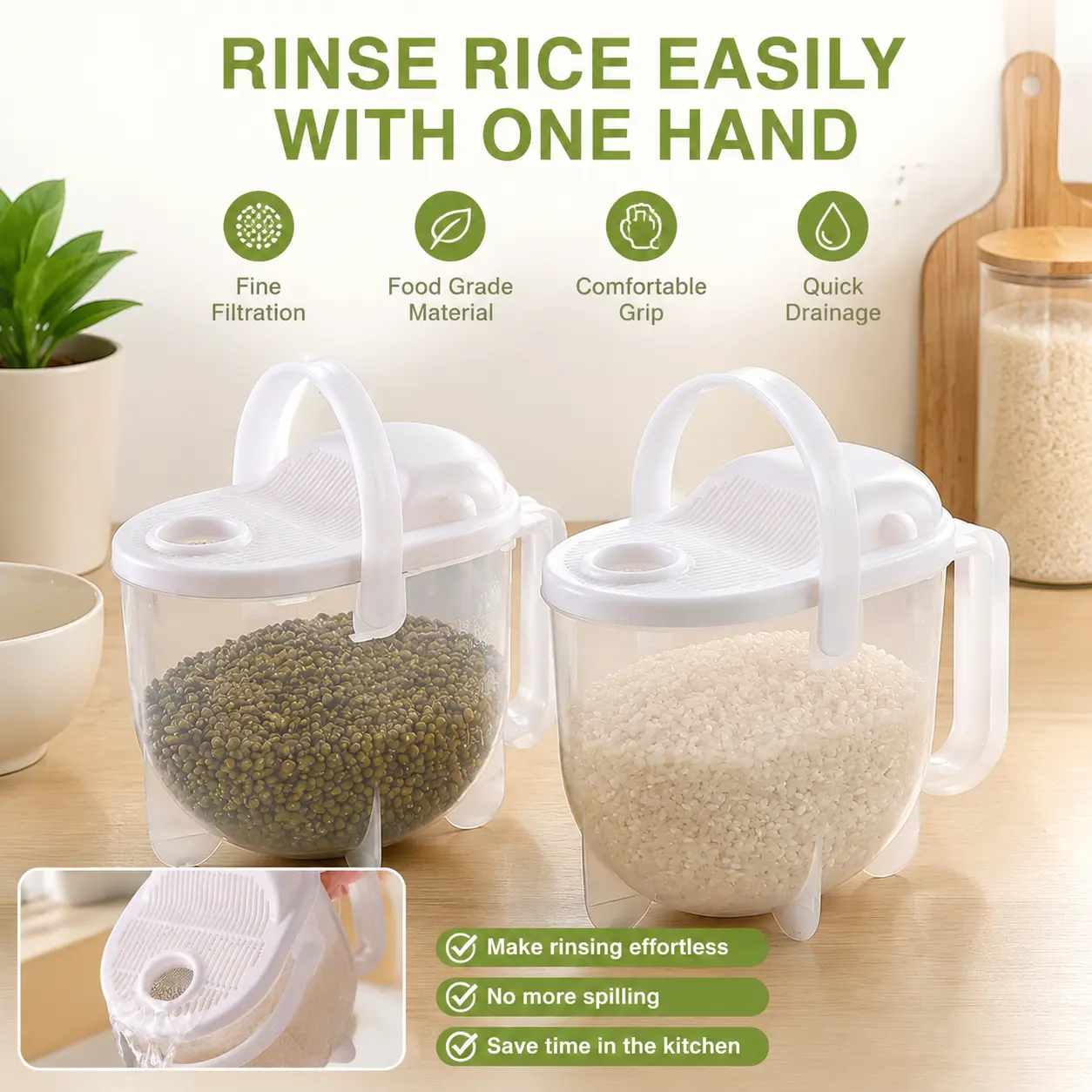 2 Counts, Plastic Rice Washing Strainer with Comfortable Handle, Fine Dense Mesh for Kitchen Grain Rinsing and Draining