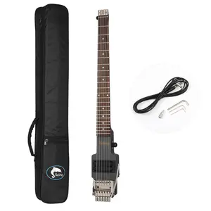 BATKING Travel Guitar Headless 6 String Guitar One-piece Canada maple neck through body design Double Locking Tremolo Bridge with Gigbag Black