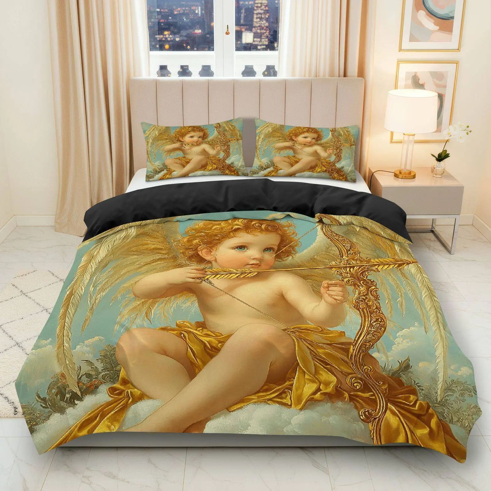 3PCS Duvet Cover Set, 1 Duvet+2 Pillowcases(Without filler), Angelic Cupid Vintage Baroque Artistic Heavenly theme, Valentine's Bedding Set, Romantic Luxurious Elegant Decorative Suitable for bedroom living room guest room hotel.