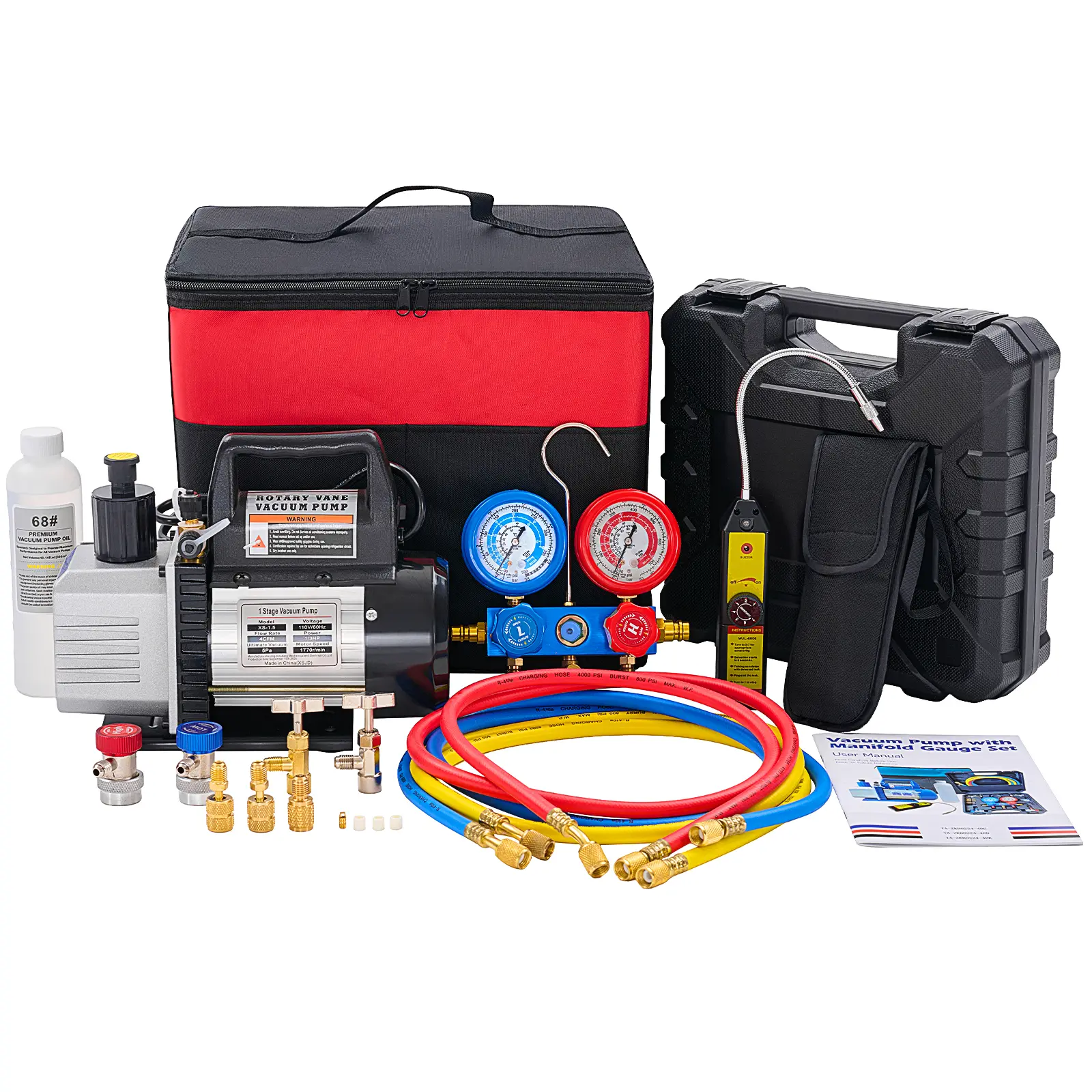 4 CFM 1/3 HP HVAC Vacuum Pump Kit, Single Stage Rotary Vane Vacuum Pump with R134A Manifold Gauge Set, Leak Detector, Hoses, Adapters and Carry Bag for AC Refrigeration Service