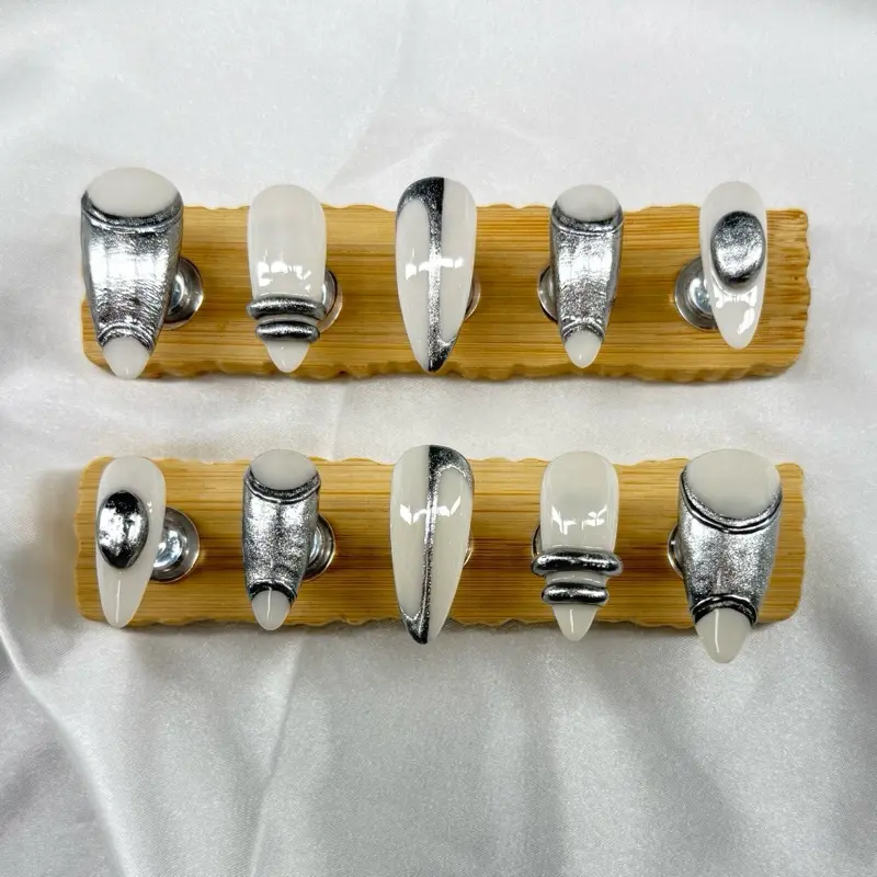 Chrome Press On Nail Set with White Tips and Silver Accents for Easy Application and Stylish Look