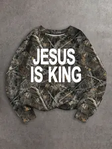 Men's Fall Winter Camo 'jesus Is King' Religious Sweatshirt, Outdoor Print, Faith Expression, Casual Streetwear, Church Activities