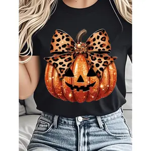Women'S Plus Size Halloween Pumpkin Bow Graphic T-Shirt - 100%, Breathable, Casual Round Neck Tee for Casual Attire, Home Relaxation & Street Fashion Style, Halloween Decorations