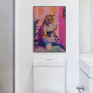1Pc Unframed - Funny Jungle Animals Tiger in Bathroom Toilet Canvas Poster, Scandinavian Artist Home Wall Decorative Painting for Living Room, Study, Bathroom .