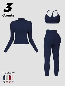 Women's Solid Zip Up Jacket & Sports Bra & High Waist Tummy Control Butt Lifting Leggings Tracksuit Set, Casual Breathable Comfy Outfits for Yoga Gym Workout Running, Fashion for Daily Wear, Ladies Sportswear for All Seasons, Pilates Outfits, Fitness Set