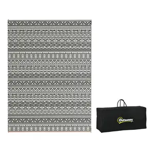 9x12 ft Polypropylene Boho Stripes Outdoor Rug - Waterproof Gray & Cream Reversible Mat with Carrying Bag for Patio, Beach