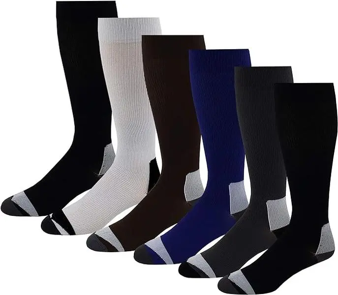 Sporty Knee High Compression Socks, 15-20 mm Hg, 6 Pairs for Men (Shoe Size 10-13) & Women's Socks, Sporty Socks