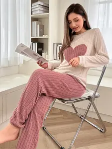 【Christmas Sale】Women's Heart Print Long Sleeve Tee & Pants Rib Pajama Set, Casual Comfy Round Neck Top & Trousers PJ Set, Ladies Sleepwear for All Seasons