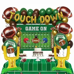 Football Party Balloon Kit Green, Brown & Gold Arch, Goalpost Foil Balloons & Game On Backdrop