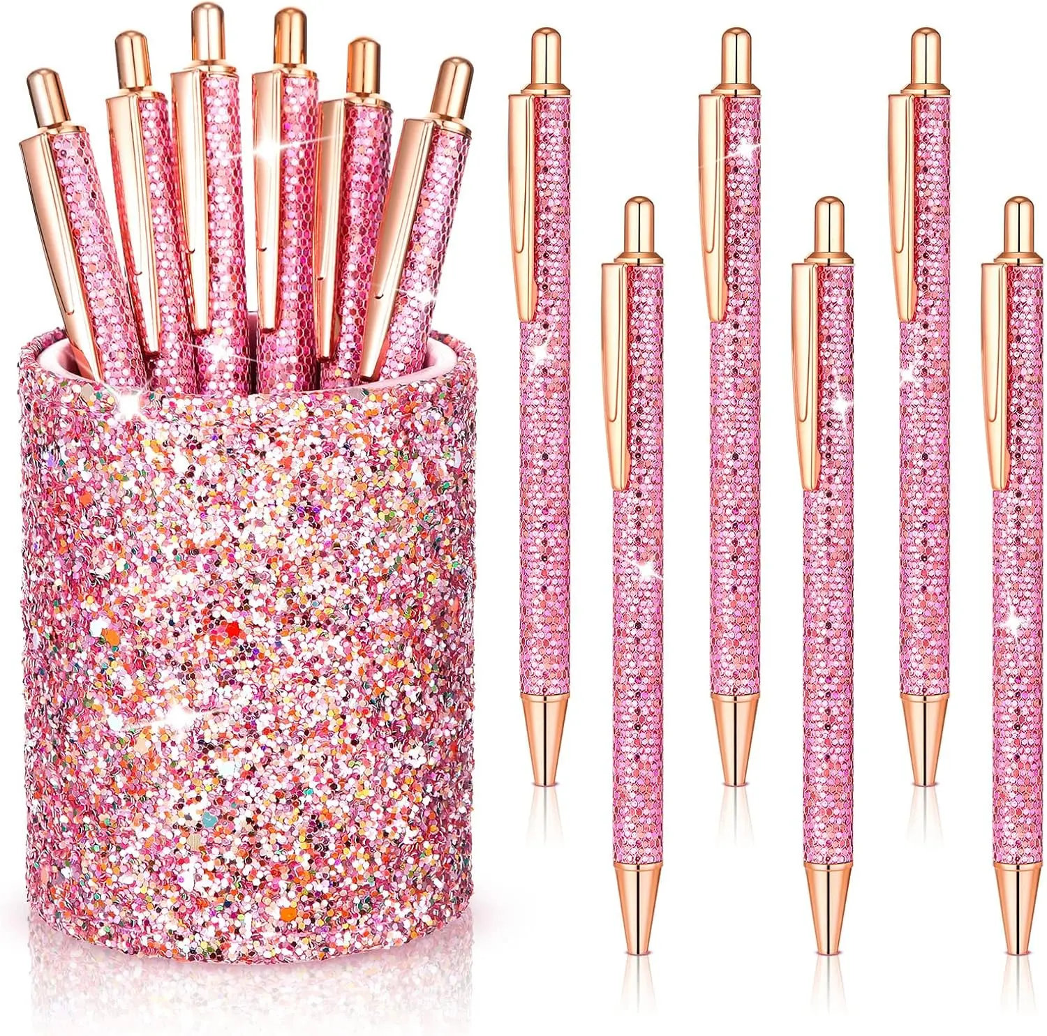 Bling Sequin Pen Holder with 6 Pcs Sequin Click Pens Cute Glitter Retractable Ballpoint Pens, Pencil Cups for Desk Organizer Makeup Brush Holder for Women Girls Classroom Offices(Pink)
