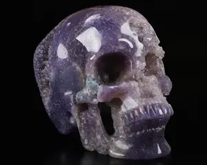 Gemstone 5.0" Purple Grape Agate Geode Carved Crystal Skull,Super Realistic, Crystal Healing