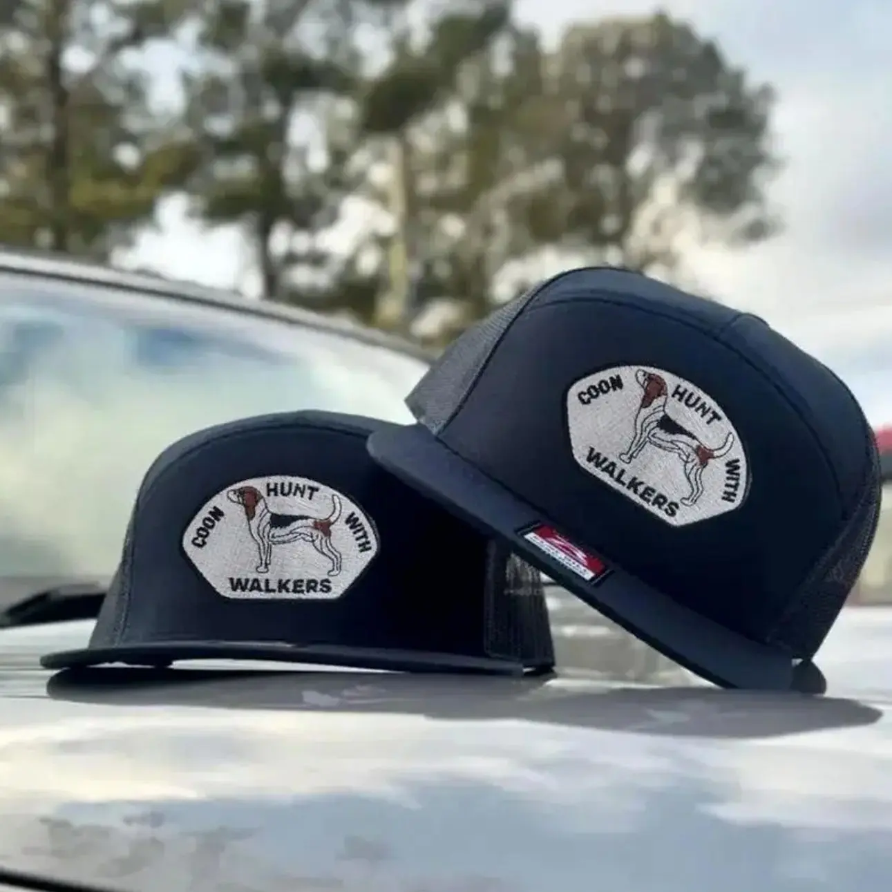 Coon Hunt With Walkers Trucker Hat, Embroidered Hunting Snapback Mesh Cap, Raccoon Hunting Hat for Men, Outdoor Camo Style Gift, Adjustable Hat