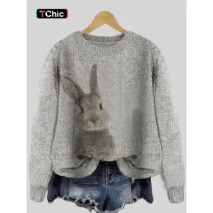 Women's Rabbit Print Drop Shoulder Crew Neck Sweater, Casual Chic Long Sleeve Round Neck Jumper for Fall & Winter, Fashion Ladies' Knitwear for Daily Wear, Women's Clothing, Sweaters for Women, Cute Tops, Knit Pullover Tops(Sheet)