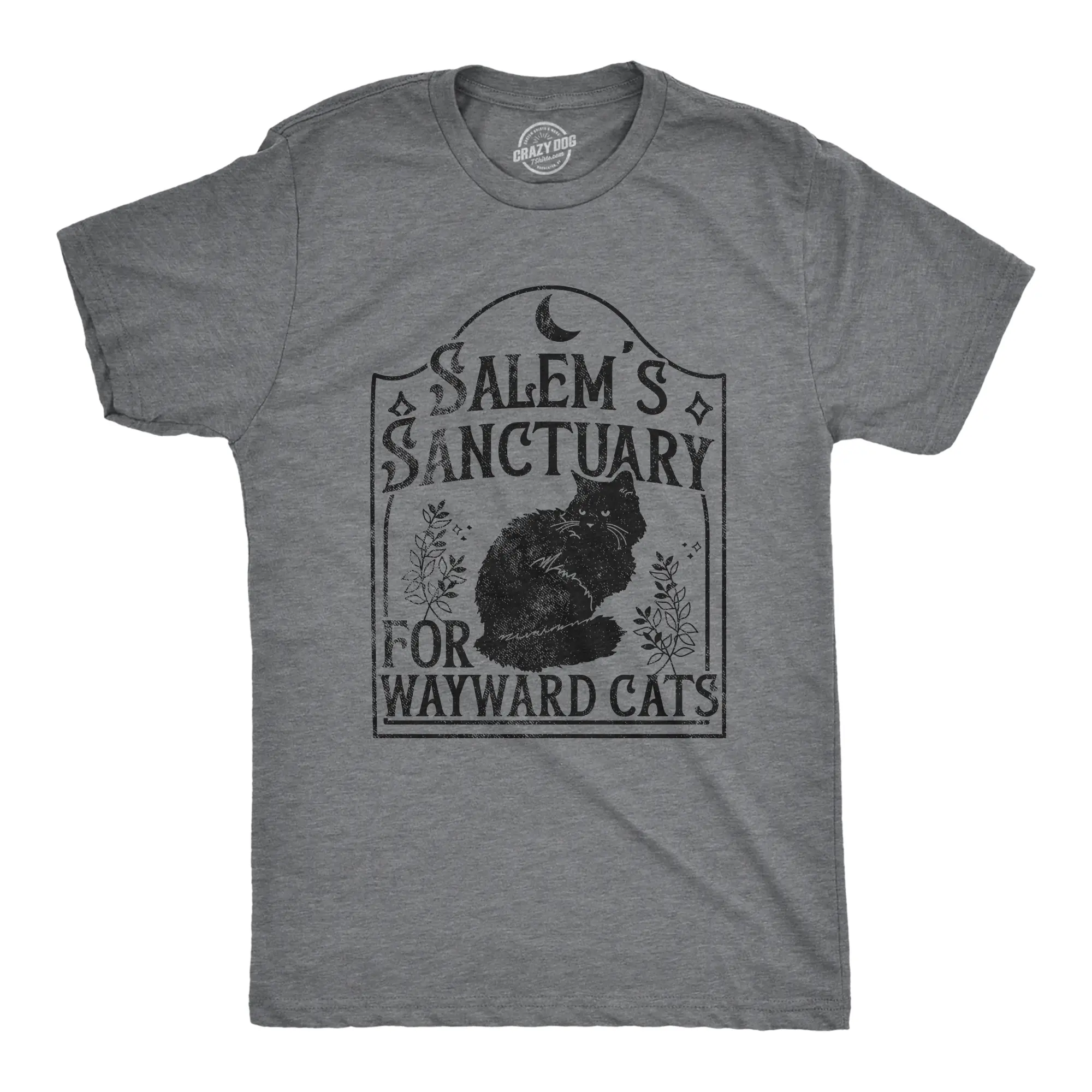 Mens Salems Sanctuary for Wayward Cats T Shirt Funny Spooky Halloween Kitten Lovers Tee for Guys Mens Funny T Shirts Cool Vintage Fashion T-Shirt Gift Classic Menswear Halloween Apparel for Men Funny Cat Short Dark Grey