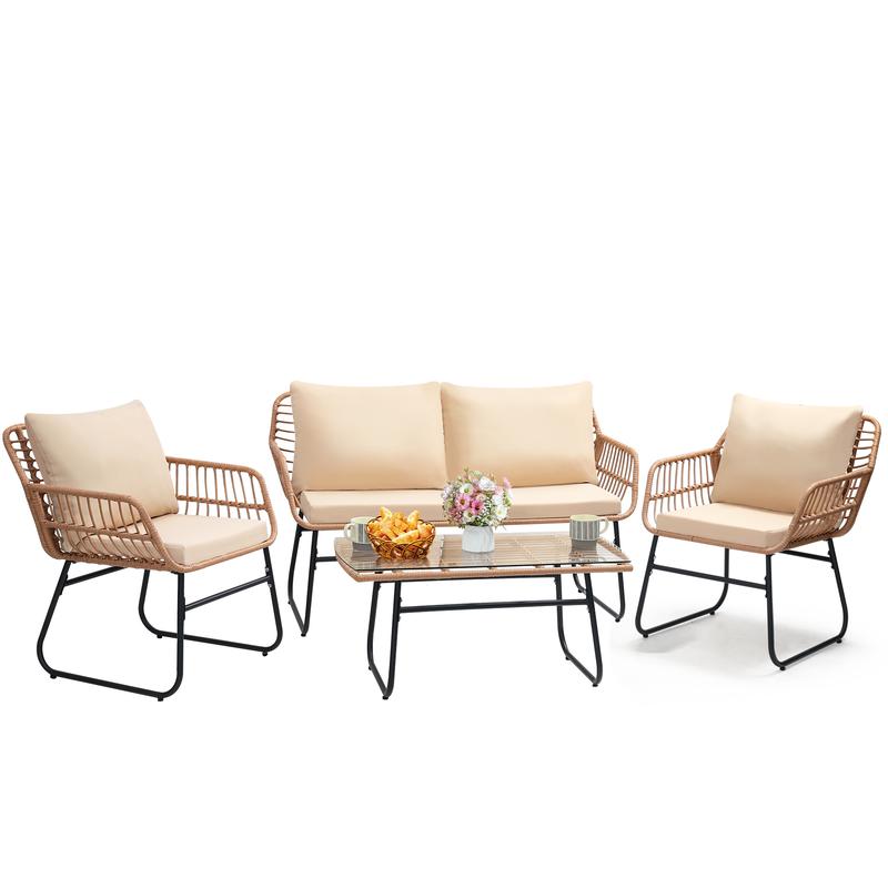 4 Piece Patio Bistro Outdoor Furniture Set, Wicker Sofa, 2 Rattan Chairs, and Table, Backyard Conversation Set, All Weather Cushions, Natural Rattan Beige Cushion ,outdoor furniture 4 Piece Patio Bistro Outdoor Furniture Set, Wicker Sofa, 2 Rattan Chairs, and Table, Backyard Conversation Set, All Weather Cushions, Natural Rattan Beige Cushion ,outdoor furniture