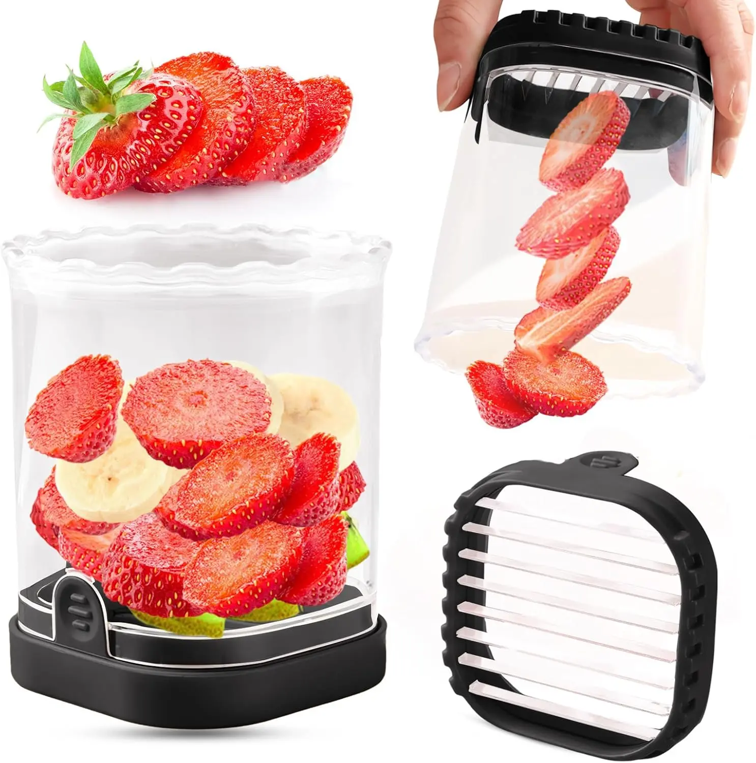 Stainless Steel Kitchen Utensils - Creative Strawberry & Kiwi Fruit Slicer with Detachable Cutter and Transparent Push Plate