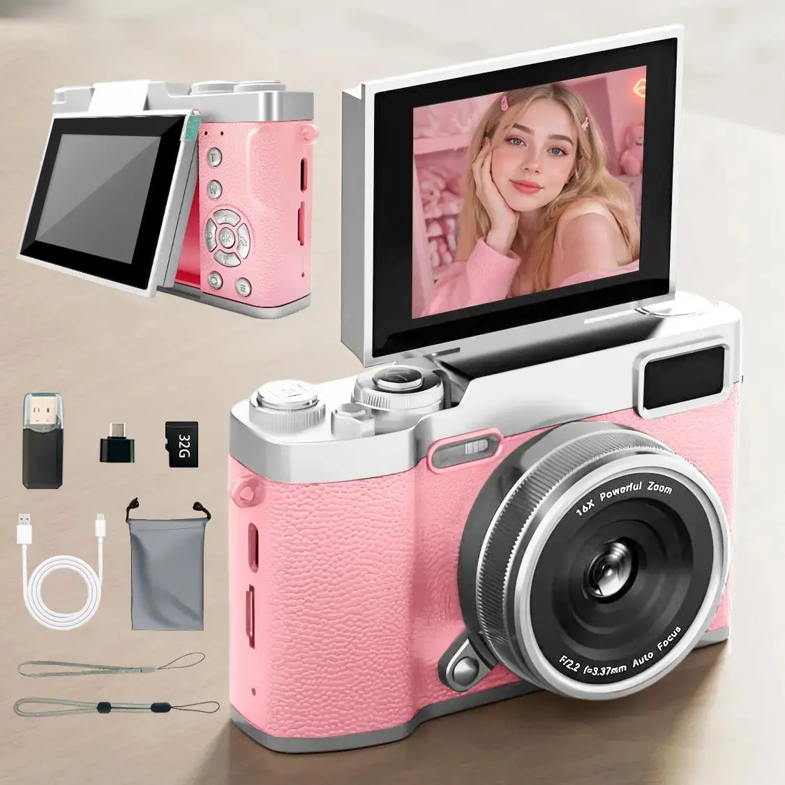 Vintage Student Camera, Pocket Camera with Memory Card, Flip Screen Portable Digital Zoom Camera for Teens, Entry-Level Digital Camera with Filters, Compact Camera, Perfect for Back to School, Christmas & Thanksgiving