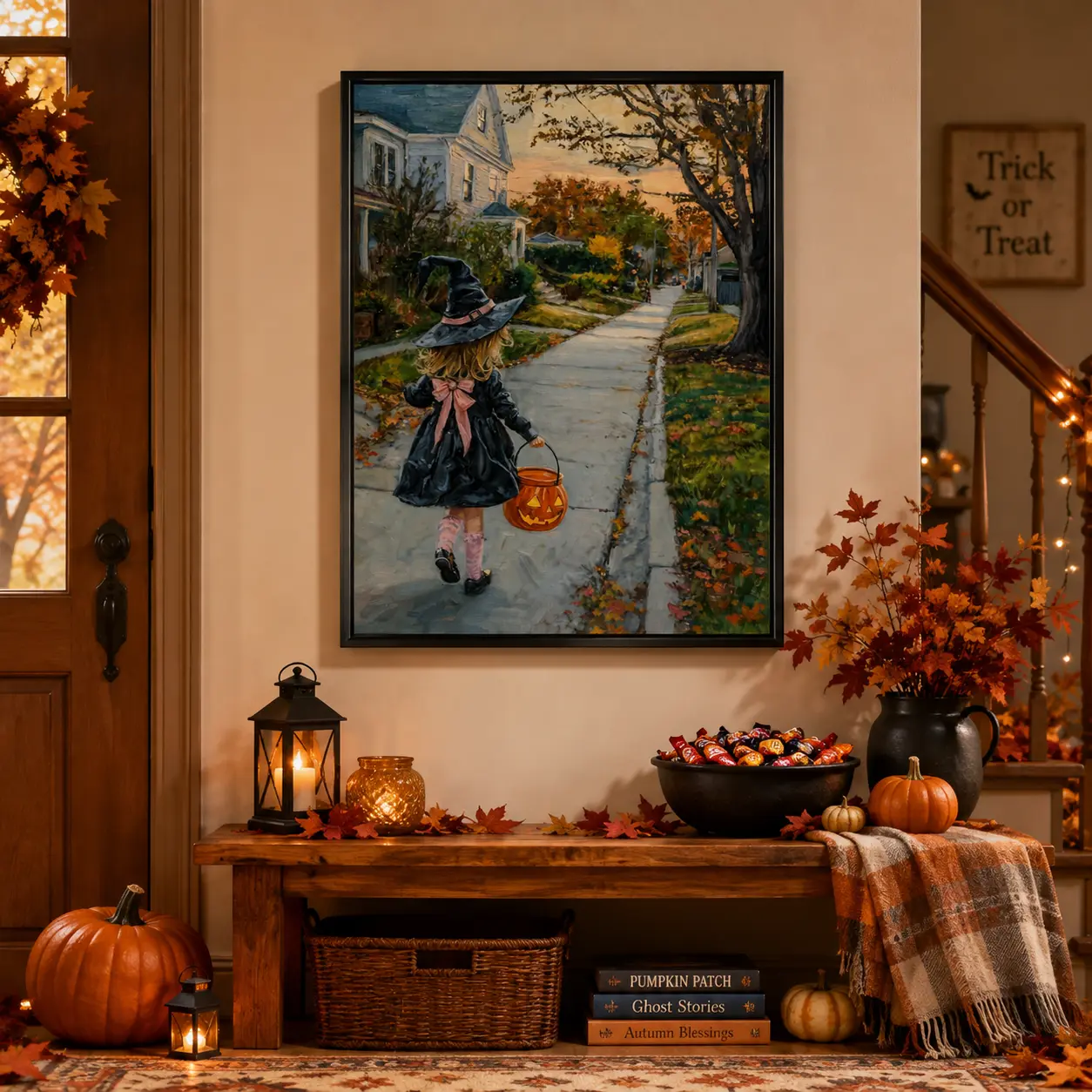 Vintage Little Witch Girl With Pumpkin Bucket Canvas Wall Art, Retro Trick Or Treat Child Autumn Street Painting, Fall Halloween Home Decor Poster