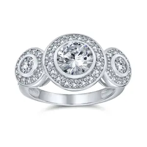 Art Deco Vintage Style Three Stone Halo CZ Engagement Ring Cubic Zirconia Rings Pave Cubic Zirconia