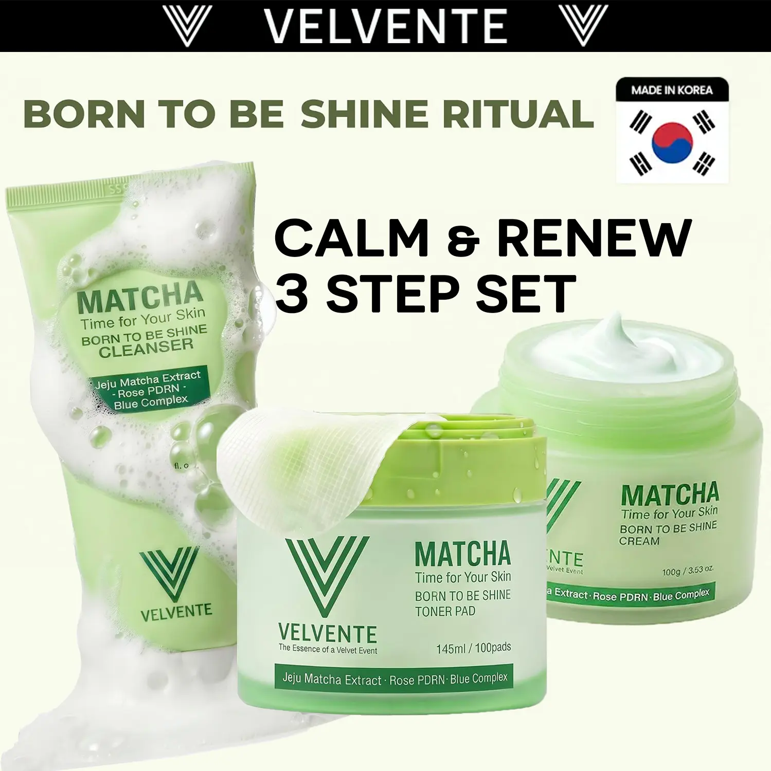 Velvente Korean Skincare Matcha PDRN 3 STEP Self Care Set | Daily CALM & REWEW | for Redness, Acne-Prone Skin, Dark Spots, Brightening & Slow Aging | Korean Multi-Function Soothing Pore Refining Sensitive Skin Friendly Toner Pads, Cleanser, Cream