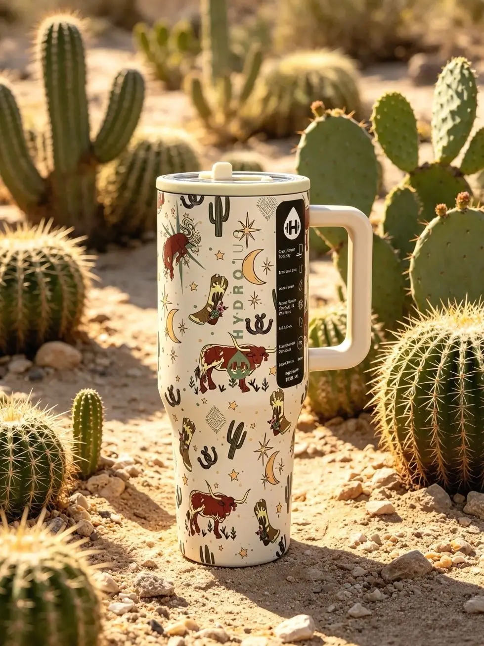 HydroJug 40oz Stainless Steel Vacuum Flask Traveler - Leak-Proof Insulated Metal Tumbler Beverage Bottle with Flip Straw, Bottle Holder, Cup Holder Compatible, Western Cowboy Pattern Drinkware