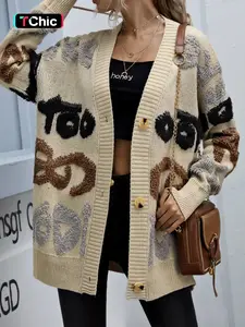 Women's Letter Jacquard Drop Shoulder Cardigan, Casual Long Sleeve V Neck Button Front Knitwear for Spring & Fall, Fashion Women's Knit Clothing for Daily Wear