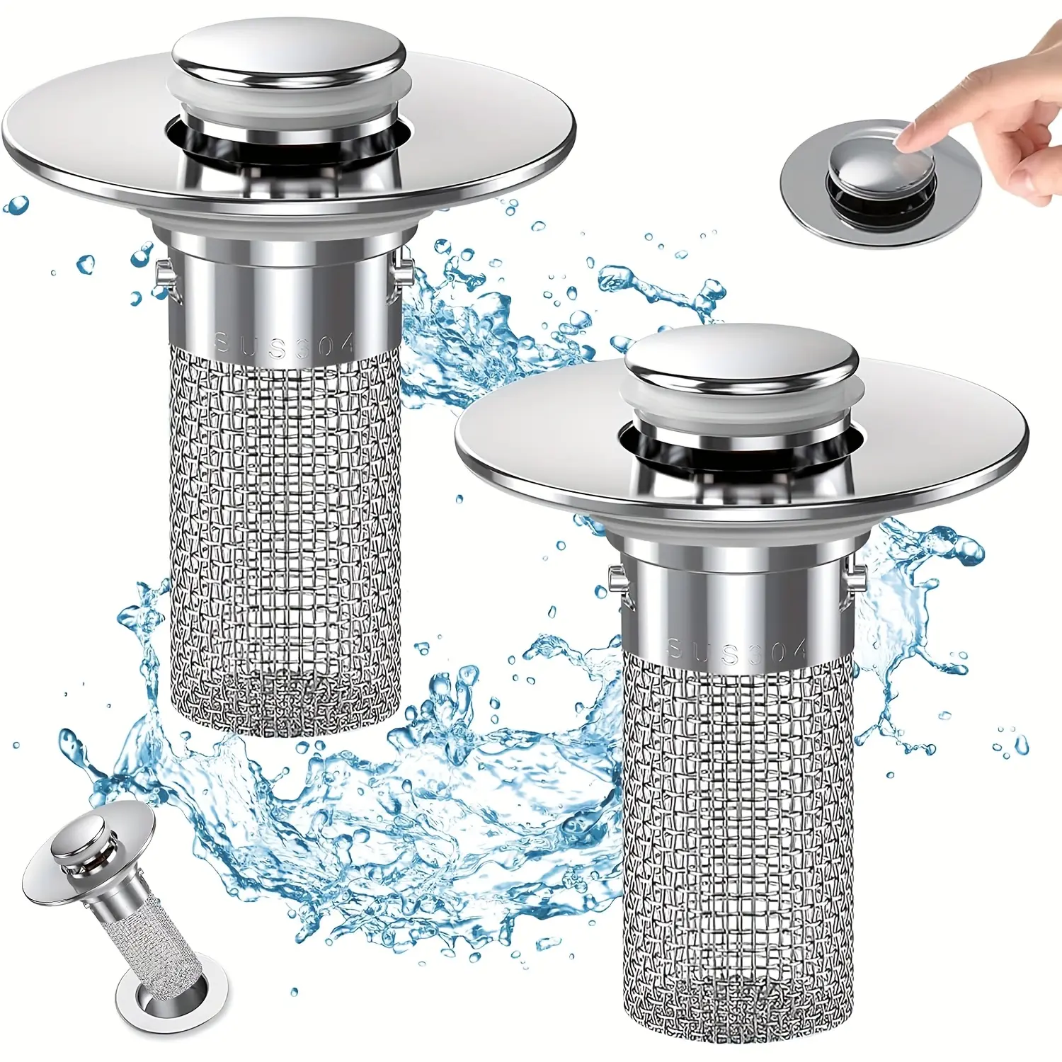 Bathroom Sink Drain Filter, Pop-Up Sink Drain Filter with Detachable Stainless Steel Basket, Bathroom Sink Plug Replacement, Anti Clogging Drainage