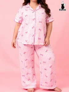 Plus Size Fashionable Women's Homecoming Set, Cute Bow Plaid Print Short Sleeve Button-Up Shirt + Long Pants Sleepwear 2-Piece Suit Pajama Set