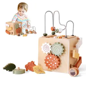 5 in 1 Wooden Activity Cube Play Center Bead Maze Leaves Shape Sorter Learning Montessori Toys for Toddlers 1-3 Early Educational Developmental Learning Toys for Kids New Year Gifts