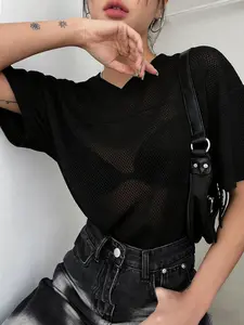 Women's Casual Beach Vacation Hoodie T-Shirt, Tops, Mesh Fabric, Sheer, V Neck, Drop Shoulder, Breathable, Layered Wear, All Seasons