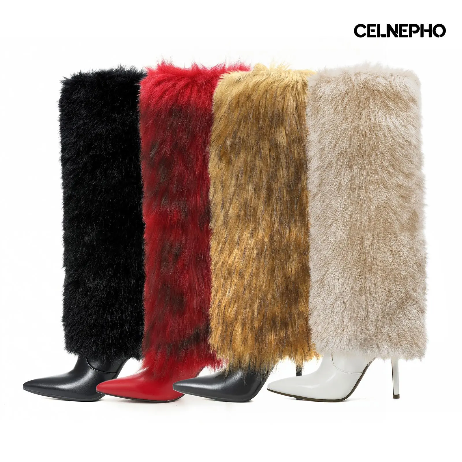 CELNEPHO Faux Fur Boot Pointed Toe Stiletto High Heels Easy Pull on Fluffy Tall Knee High Boots Cozy Party Wear Gift Outdoor Events Cosplay Dress Shoes