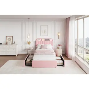 Garvee Modern Boucle Upholstered Platform Bed Frame with Storage Bookcase Headboard & 2 Drawers – Noise-Free, No Box Spring Needed, Easy Assembly, Bedroom Furniture – Pink, TWIN