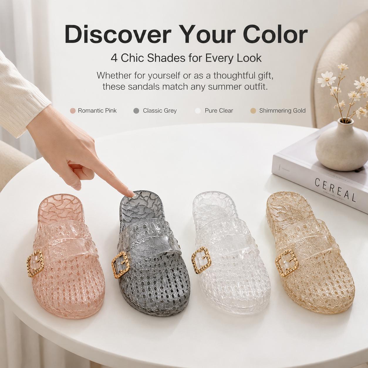 Yodutry | Women Hollow Out Glitter Jelly Slide Sandals, Adjustable Gold Buckle Waterproof PVC Mules, Breathable Mesh Non Slip Flat Jelly Slippers, Summer Beach Pool Casual Walking Slip On Sandals, 4 Colors Pink Grey Clear Gold