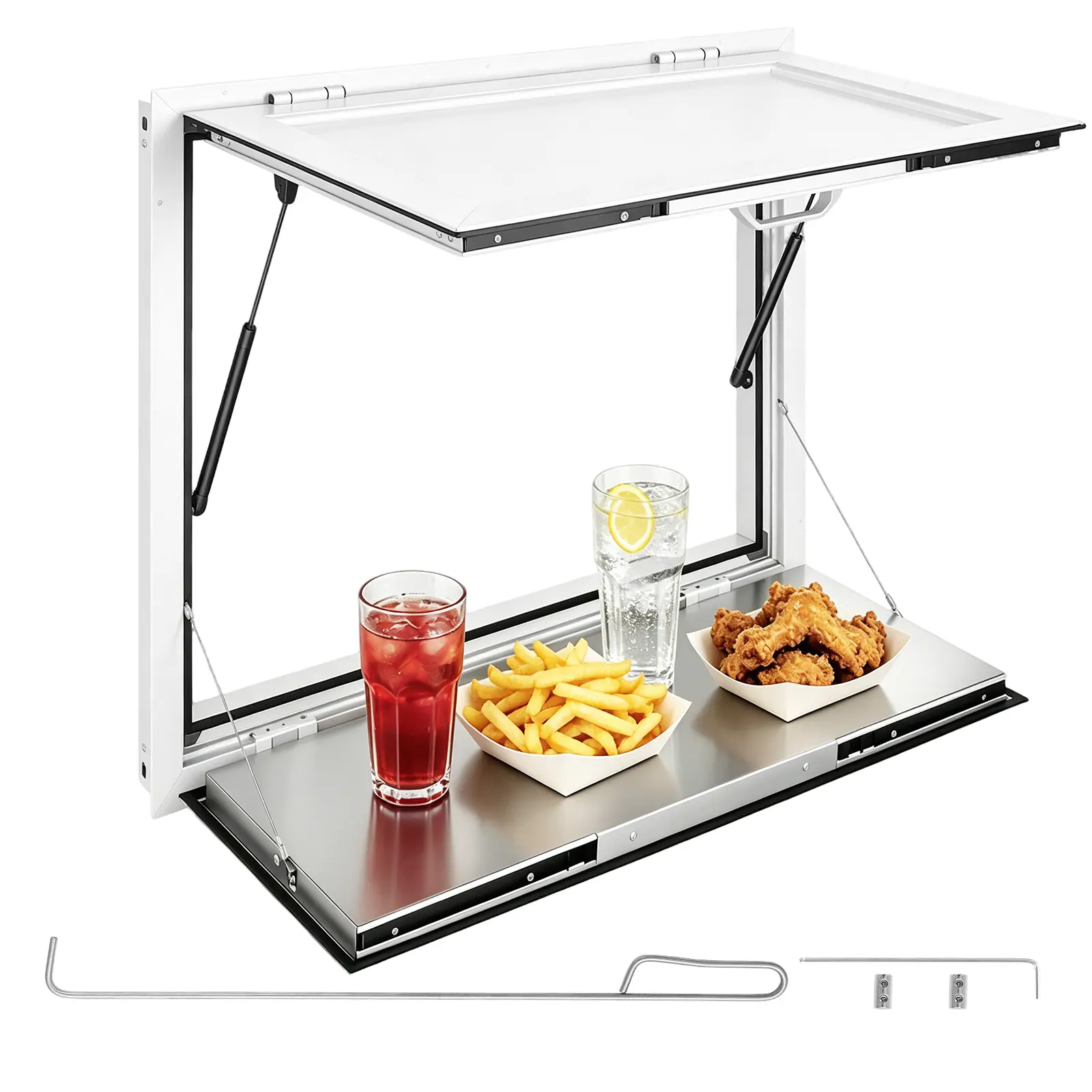 【SummerFinds】VEVOR Aluminium Concession Stand Window Folding Shelf, 36x36in Convertible Functional Design, 85-Degree Open, Weatherproof with Awning Door, Drag Hook, Hydraulic Struts & Pre-Cut Install for Food Truck Drive-Through Pickup