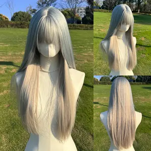 SMILCO 26INCH Gray-blue Haze Blue Layer Straight Slightly Curly Synthetic Wig With Bang SM582 Adjustable Rose Mesh Bottom High-Quality Fiber Fashion New Look for Daily Wear