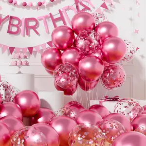 Party Balloons Pack of 42 - Metallic Chrome Pink Balloons and Pink Confetti Latex Helium Balloons With 64ft Ribbons - 12 Inch Balloon Decoration Set