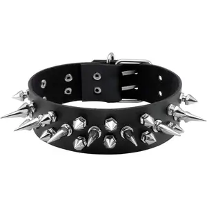 Cool Punk Gothic  PU Leather Spike Studded  Necklace for Men Women Black