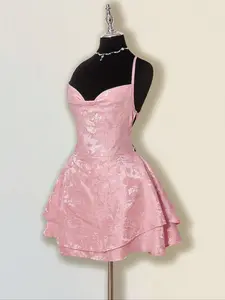 Women's New Fashion Elegant Solid Color Jacquard Satin Backless Cross Strap A-Line Fitted Short Dress, Sexy Waist Cinching Party Dress