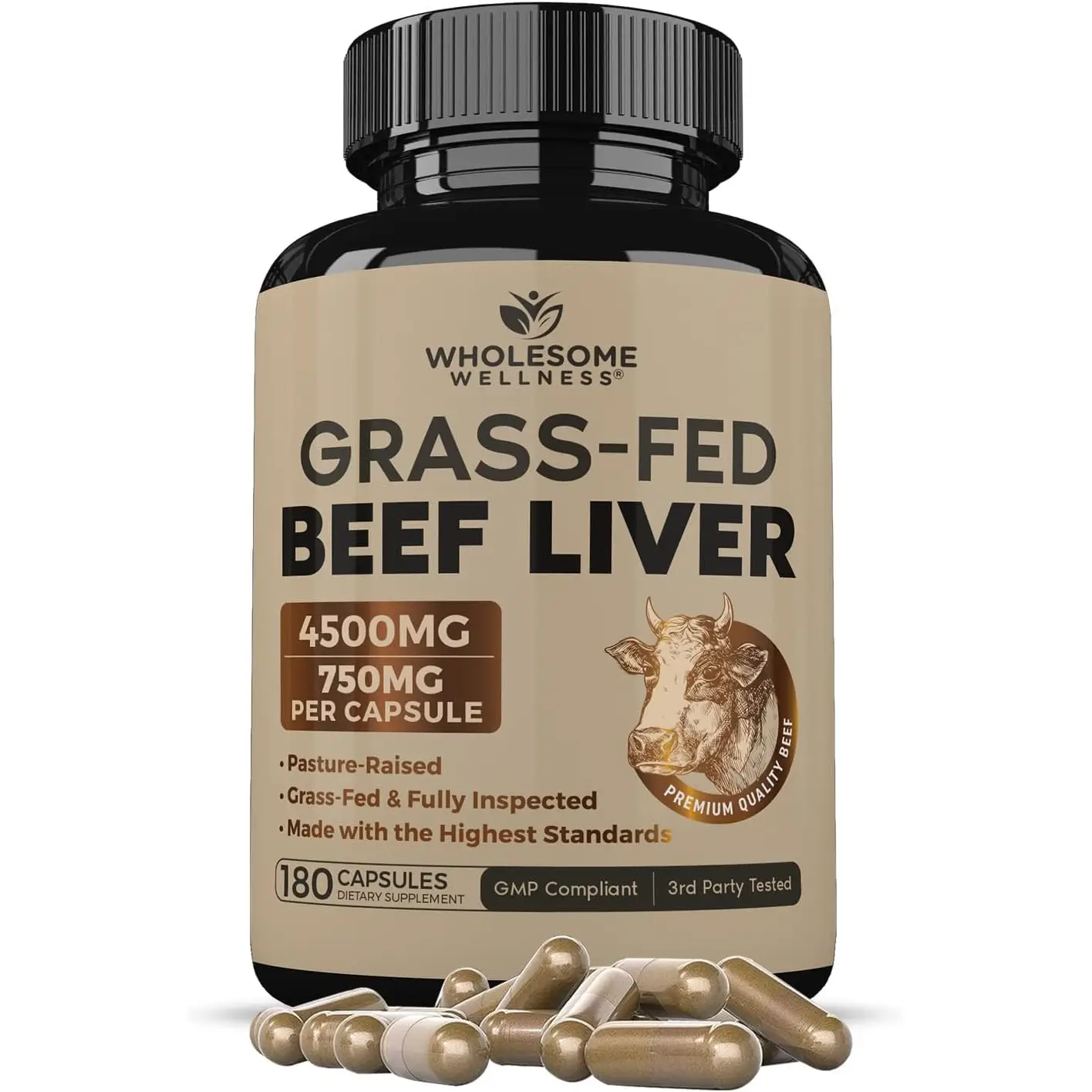 Grass Fed Desiccated Beef Liver Capsules (180 Pills, 750mg Each) - Natural Iron, Vitamin A, B12 for Energy - Humanely Pasture Raised Undefatted in New