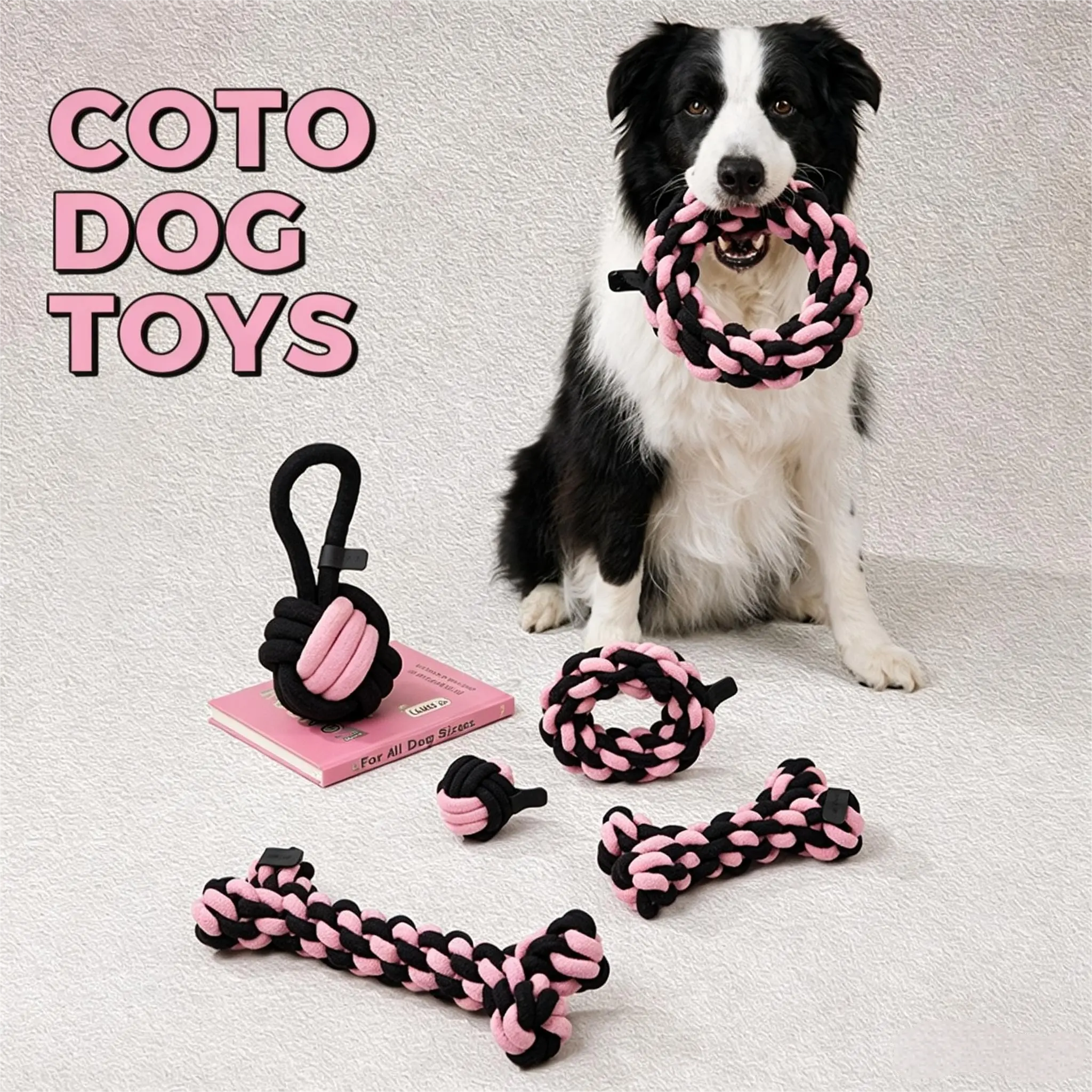 LUUKS UP Pink & Black Bone  Rope , Durable Braided Cotton Chew  for Small Medium Large , Puppy Teething Tug  tough chewer dog toys interactive play small-medium crinkledog solo