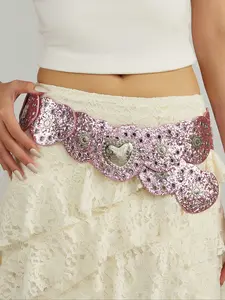 Boho Y2K Shiny Waist Belt, Silver Color Rivets Heart Patchwork Design, Perfect for Jeans Dresses Parties Festivals Gifts, Waistband Buckle