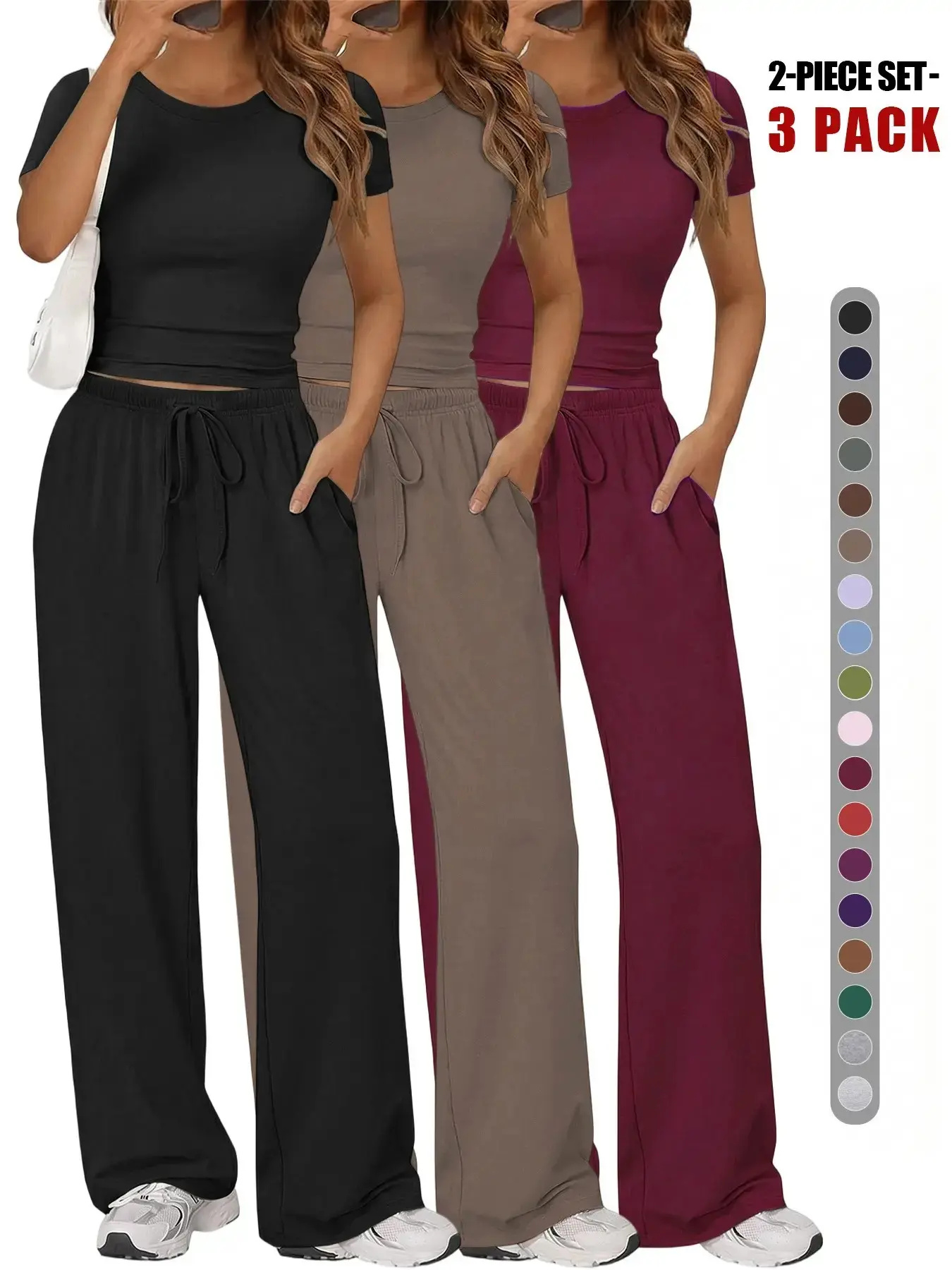 Solid Color Basic Round Neck Tee & Flare Leg Pants Ruched Loungewear, Casual Comfy Pyjama Set, Women's Sleepwear for All Seasons, Homewear 2026, Pajamas, Short